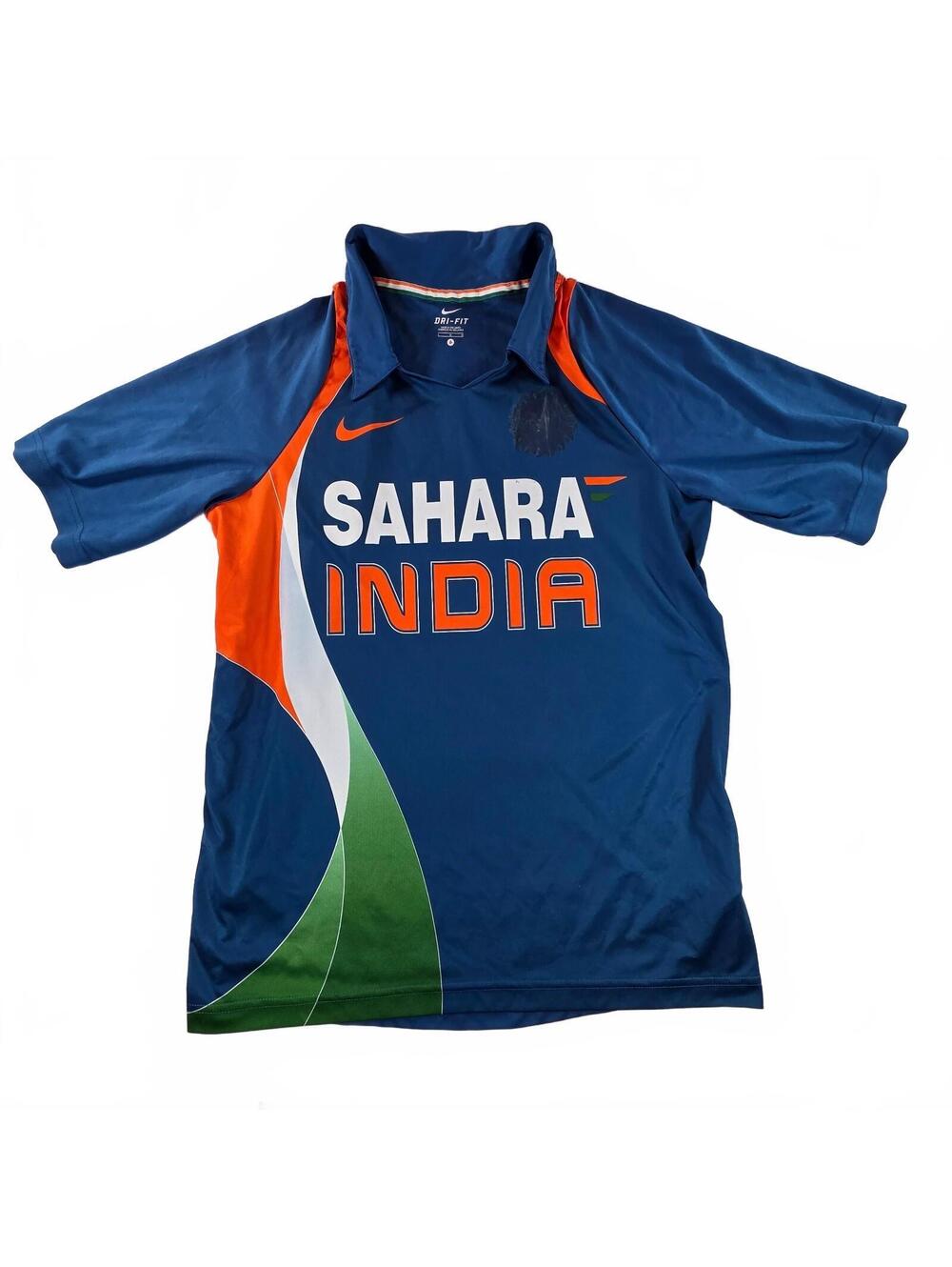 Nike India Cricket Jersey Men Large Blue Orange Dri-Fit Sportswear Short Sleeve